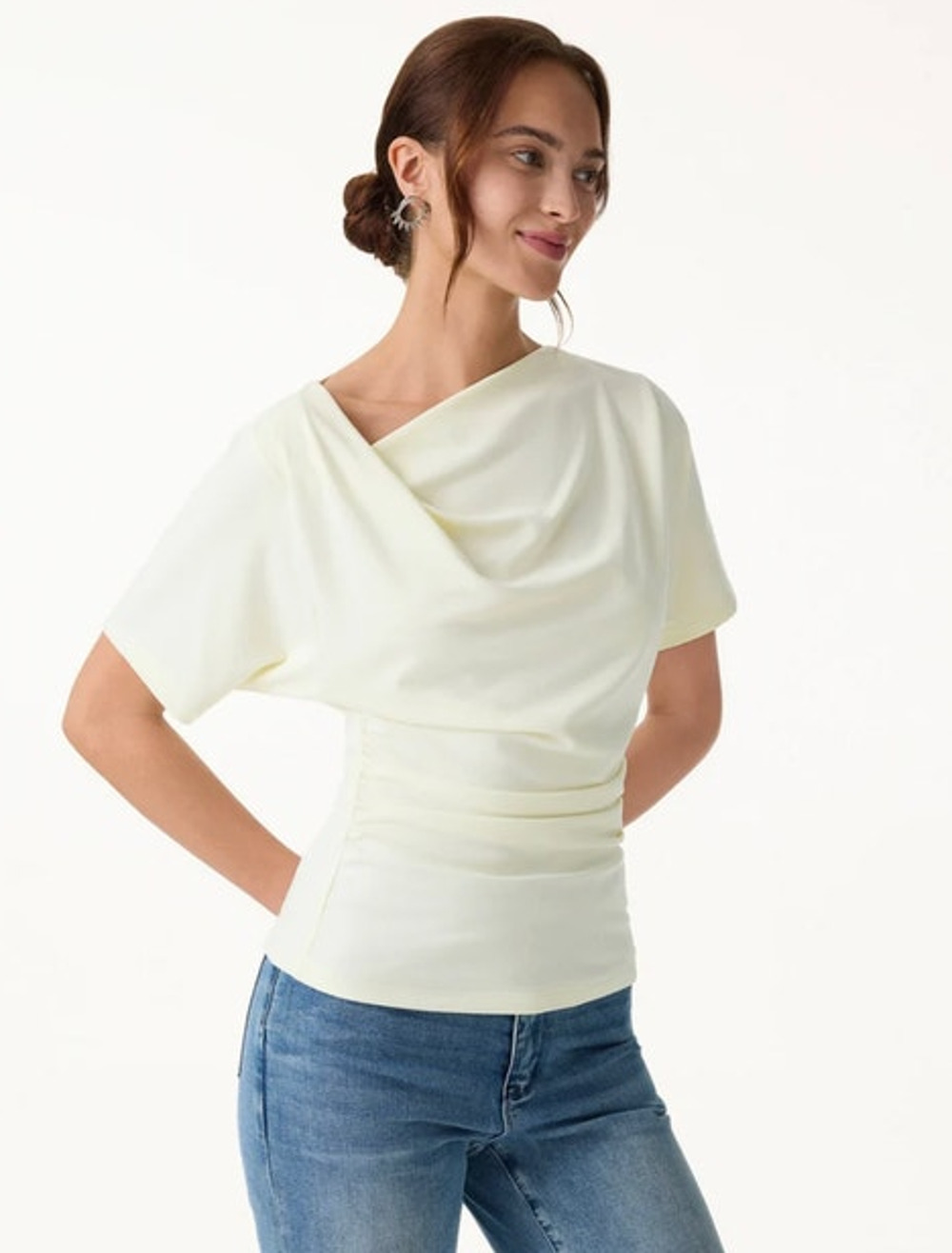 OGL Top Size L NEW Asymmetrical Cowl Neck Ruched Top Milk Cream Pale Yellow